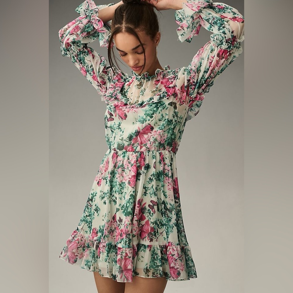 Anthropologie  Romantic Mac Duggal Floral Mini Dress - Pink and Green